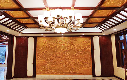 徽州中式别墅客厅中式木作横梁吊顶装饰展示